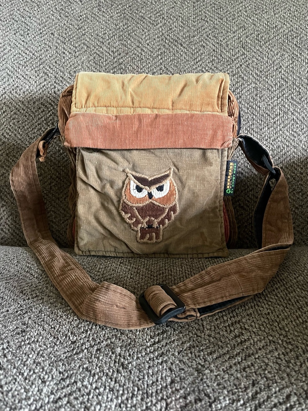 Recycled By Gypsy Rose Earth Tone Patchwork Corduroy Owl Messenger Crossbody Bag